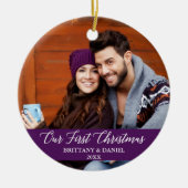 Calligrafie Onze eerste kerstfoto Paars Keramisch Ornament (Voorkant)