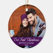 Calligrafie Onze eerste kerstfoto Paars Keramisch Ornament (Links)