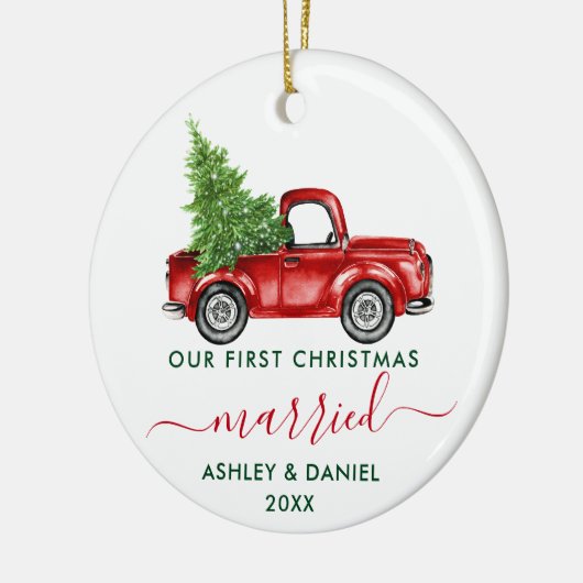 Calligrafie Onze eerste kersthuwelijksreis Red Tru Keramisch Ornament (Links)