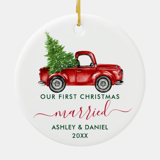 Calligrafie Onze eerste kersthuwelijksreis Red Tru Keramisch Ornament (Achterkant)