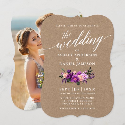 Calligrafie Paarse Floral Wedding Kraft Foto Kaart (Voorkant / Achterkant)