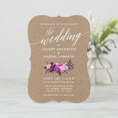 Calligrafie Paarse Floral Wedding Kraft Foto Kaart (Staand voorkant)