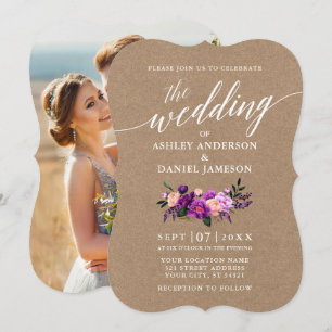 Calligrafie Paarse Floral Wedding Kraft Foto Kaart