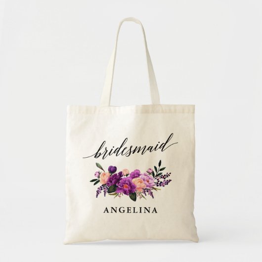 Calligrafie Paarse Violet Floral Bridesmaid Tote Bag (Voorkant)
