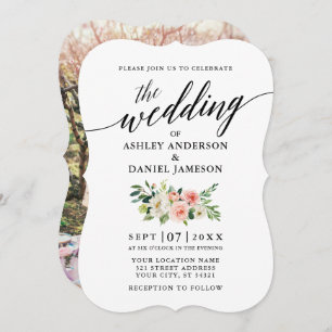 Calligrafie Pink White Floral Photo Wedding Kaart