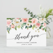 Calligrafie Pink White Floral Wedding Bedankkaart (Staand voorkant)