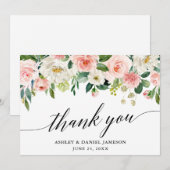 Calligrafie Pink White Floral Wedding Bedankkaart (Voorkant / Achterkant)