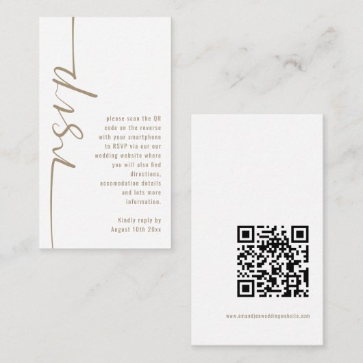 Calligrafie QR Code Champagne Gold Wedding RSVP Informatiekaartje (Voorkant / Achterkant)