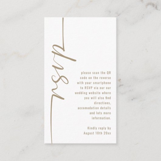 Calligrafie QR Code Champagne Gold Wedding RSVP Informatiekaartje (Voorkant)