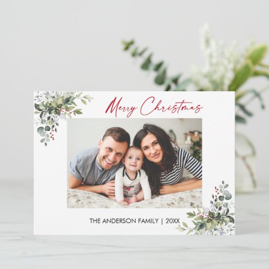 Calligrafie Red Ink Script Greenery Berries Feestdagenkaart (Staand voorkant)