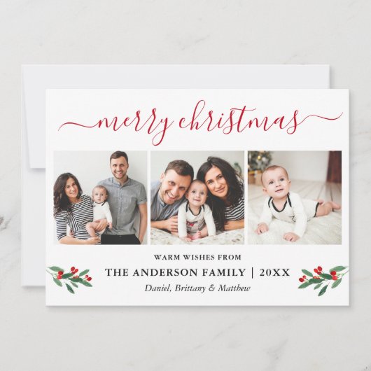 Calligrafie Red Merry kerst Holly 3 Foto Feestdagenkaart (Voorkant)