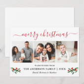 Calligrafie Red Merry kerst Holly 3 Foto Feestdagenkaart (Voorkant / Achterkant)