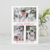 Calligrafie Red Merry-kerstpaar 3 Foto Feestdagenkaart (Staand voorkant)