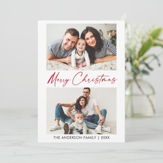 Calligrafie Rood inkt Manuscript 2 FotoKerstmis Feestdagenkaart (Staand voorkant)