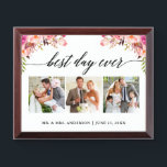 Calligrafie Roze beste dag-op-dag-bruiloft Plaque Troffee Gedenkplaat<br><div class="desc">Calligrafie 3 Foto Best Day Ever,  Waterverf Pink Blush Floral,  Wedding Plaque</div>