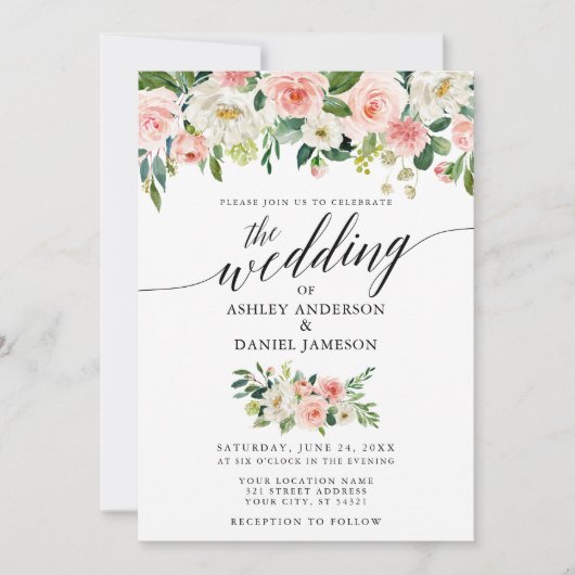 Calligrafie Roze Blush Floral Wedding W Kaart (Voorkant)