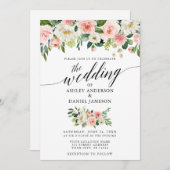 Calligrafie Roze Blush Floral Wedding W Kaart (Voorkant / Achterkant)