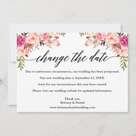 Calligrafie Roze Floral New Wedding Date Kaart (Voorkant)