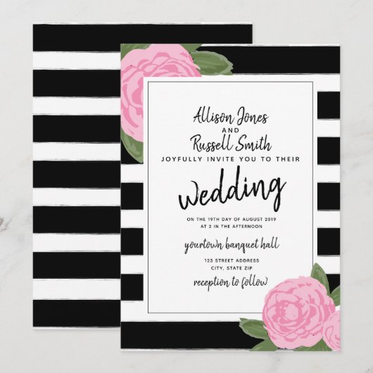 Calligrafie Roze Roze Zwart + Witte streep bruilof Kaart (Voorkant / Achterkant)
