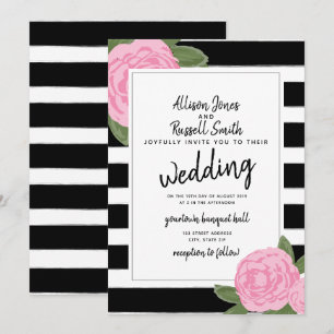 Calligrafie Roze Roze Zwart + Witte streep bruilof Kaart