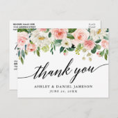 Calligrafie Roze Wit Floral Weddenschap Bedankt Briefkaart (Voorkant / Achterkant)