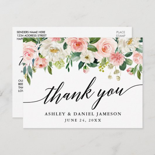 Calligrafie Roze Wit Floral Weddenschap Bedankt Briefkaart (Voorkant / Achterkant)