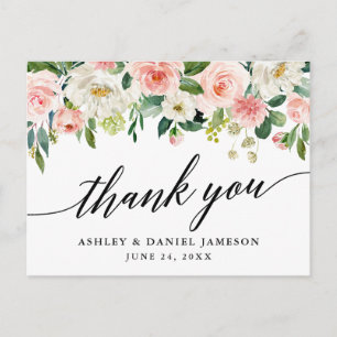 Calligrafie Roze Wit Floral Weddenschap Bedankt Briefkaart