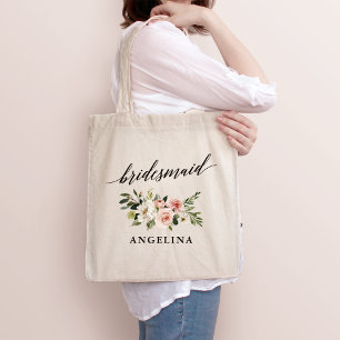 Calligrafie Roze Witte Floral Bridesmaid Naam Tote Bag