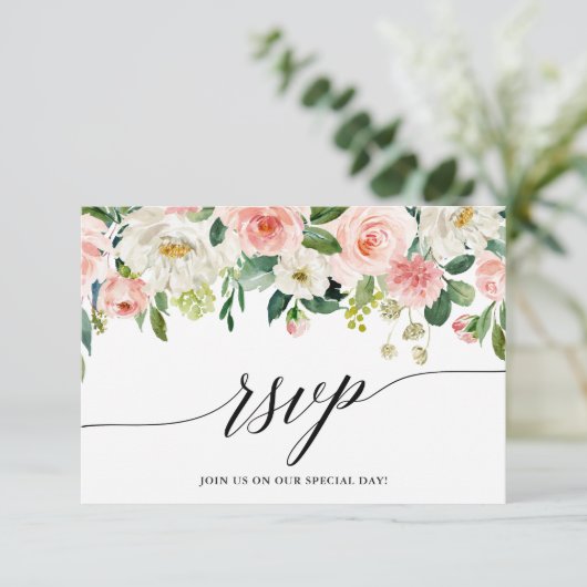 Calligrafie Roze witte Floral Wedding RSVP Kaart (Staand voorkant)