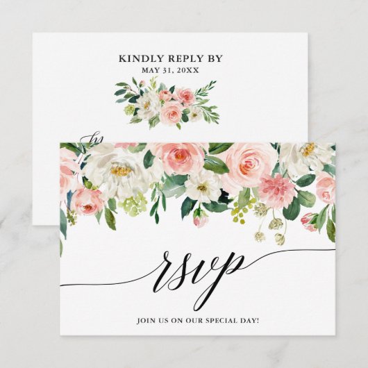 Calligrafie Roze witte Floral Wedding RSVP Kaart (Voorkant / Achterkant)