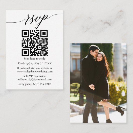 Calligrafie RSVP - minimalistisch QR-fotoweddensch Informatiekaartje (Voorkant / Achterkant)