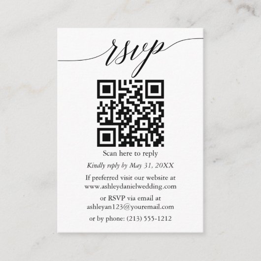 Calligrafie RSVP - minimalistisch QR-fotoweddensch Informatiekaartje (Voorkant)