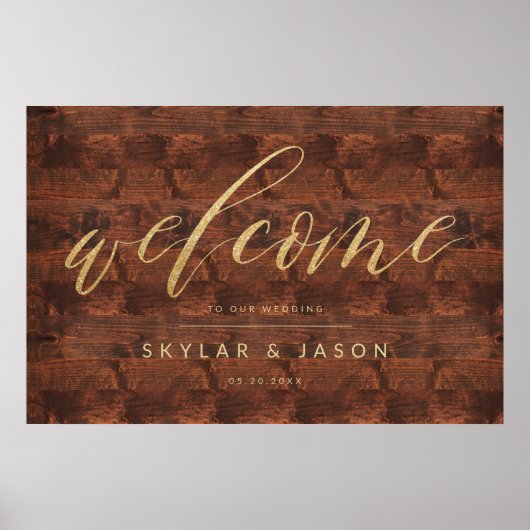 Calligrafie Rustic Wood & Gold Welcome Wedding Poster (Voorkant)