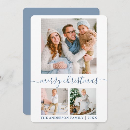 Calligrafie-script 3 Foto-usty Blue-Kerstmis Feestdagenkaart (Voorkant / Achterkant)