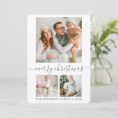 Calligrafie Script 3 Fotosap met groene kerst Feestdagenkaart (Staand voorkant)
