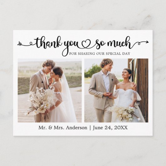 Calligrafie Script Hart 2 Foto Huwelijk Bedankt Briefkaart (Voorkant)