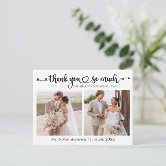 Calligrafie Script Hart 2 Foto Huwelijk Bedankt Briefkaart (Staand voorkant)