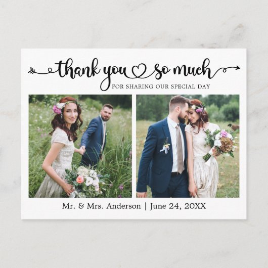 Calligrafie Script Hart 3 Foto Huwelijk Bedankt Briefkaart (Voorkant)