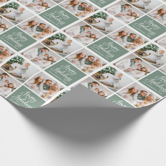Calligrafie Script Holiday 3 Foto Sage Green Cadeaupapier (Hoek)