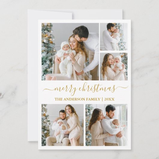 Calligrafie-script Merry Kerstmis 5 Foto Feestdagenkaart (Voorkant)