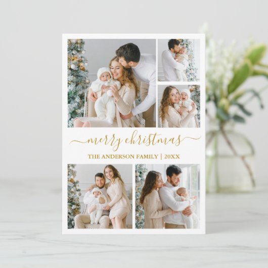 Calligrafie-script Merry Kerstmis 5 Foto Feestdagenkaart (Staand voorkant)