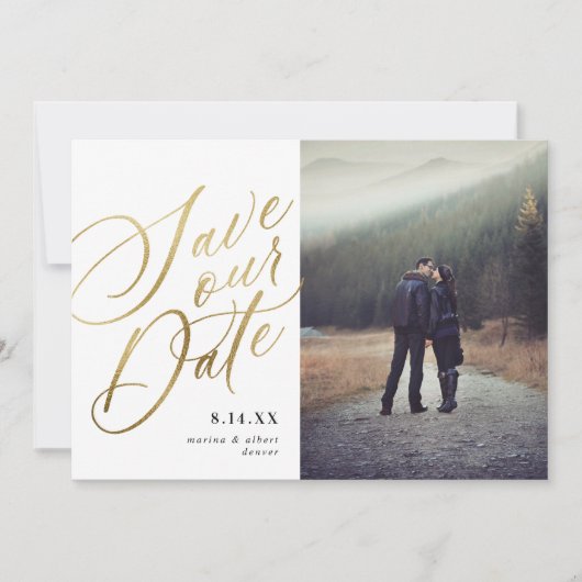 Calligrafie-script | White Gold | Foto Save The Date (Voorkant)