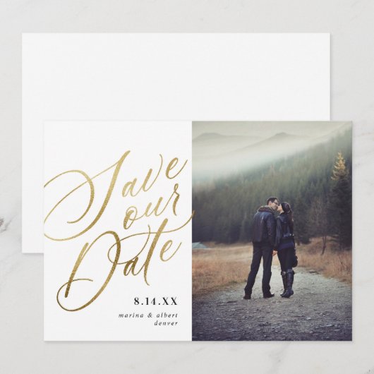 Calligrafie-script | White Gold | Foto Save The Date (Voorkant / Achterkant)