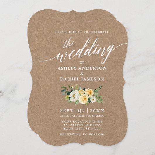 Calligrafie Script Yellow Floral Wedding Kraft Kaart (Voorkant / Achterkant)