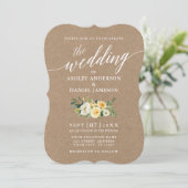 Calligrafie Script Yellow Floral Wedding Kraft Kaart (Staand voorkant)