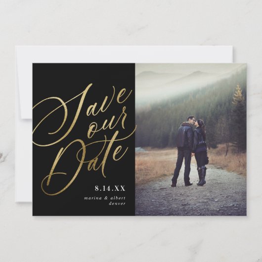 Calligrafie-script | Zwart goud | Foto Save The Date (Voorkant)