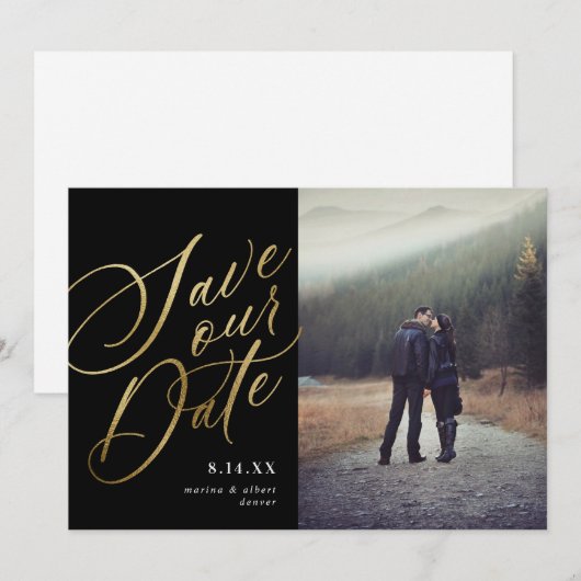 Calligrafie-script | Zwart goud | Foto Save The Date (Voorkant / Achterkant)