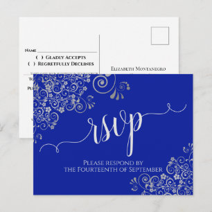 Calligrafie Silver Frills Royal Blue Wedding RSVP Briefkaart