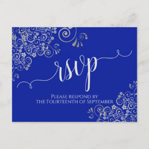 Calligrafie Silver Frills Royal Blue Wedding RSVP Briefkaart