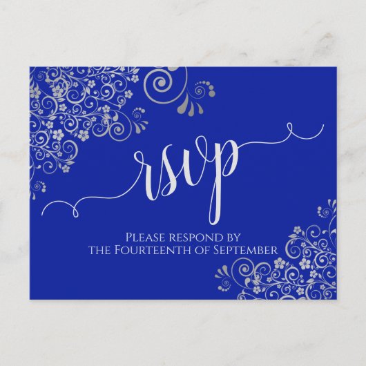 Calligrafie Silver Frills Royal Blue Wedding RSVP Briefkaart (Voorkant)